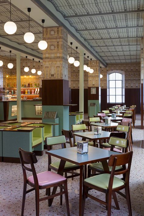 Photo: Attilio Maranzano. Courtesy Fondazione Prada Pink Terrazzo Floor, Wes Anderson Design, Bar Luce, Design Moda, Terrazzo Flooring, Wes Anderson, Wallpaper Decor, Commercial Furniture, Restaurant Interior