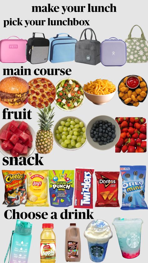 chose your school lunch Meals For School Lunchbox Ideas, Food To Pack For School, Food Ideas For Lunch At School, What To Pack For School Lunch Ideas, Kids School Lunch Ideas For Picky Eaters Healthy Food, 6th Grade Lunch Ideas, Choose Your Lunch, School Lunch Salad, School Lunch Inspo Teens