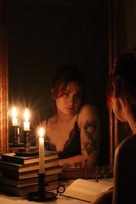 Photography Dark Academia Aesthetic, Dark Feminine Portrait Photography, Mirror Different Reflection, Photography With Candles, Candle Lighting Reference, Spooky Self Portrait Photography, Candle Lit Portrait, Mirror Reflection Photography Ideas, Dark Self Portrait Photography