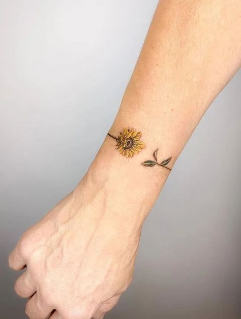 Sunflower Tattoo On Arm For Women, Turtle With Sunflower Tattoo, Wrap Around The Wrist Tattoos, Sunflower Wrist Tattoo Bracelet, Sun Armband Tattoo, Sunflower Anklet Tattoo, Sunflower Tattoo Unique, Sunflower Tattoo Design Simple, Sunflower Flash Tattoo