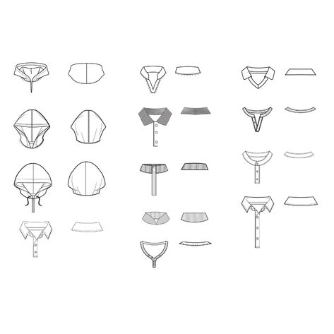 Collars Assorted Fashion Flat Templates / Technical Drawings / - Etsy Philippines How To Draw A Collared Shirt, Collar Technical Drawing, Collar Flat Sketch, Technical Flats Fashion, Hoodie Layout, Collar Template, Technical Flats, Technical Sketch, Fashion Flat Sketch