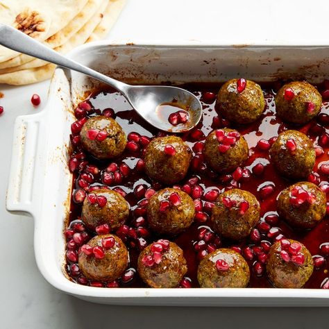 5 Persian Recipes for Weeknight Cooking From Najmieh Batmanglij | Epicurious Pomegranate Meatballs, Kuku Sabzi, New Years Day Meal, Pomegranate Sauce, Raw Pistachios, Persian Recipes, Persian Cuisine, Pomegranate Molasses, Persian Food