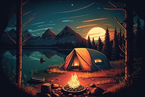 Summer night camp with tent campfire tre... | Premium Photo #Freepik #photo #campsite #camping-illustration #camping-tent #camping-night Campsite Drawing, Campsite Illustration, Tent Painting, Dnd Poster, Camping Background, Camping Landscape, Camping Painting, Camping Cartoon, Alaskan Cruise Outfits