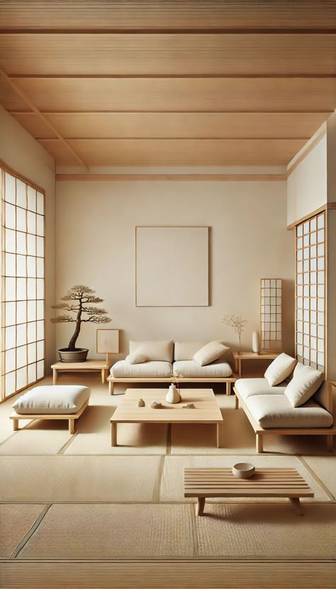 A minimalist Japanese-style living room featuring low wooden furniture, a tatami mat floor, and sliding shoji doors. The room is decorated with minimal elements, including a bonsai tree and a simple vase with a single flower. The color palette is neutral, with shades of white, beige, and natural wood, creating a calm and peaceful atmosphere. Tatami Aesthetic, Tatami Room Modern, Japanese Living Room Ideas, Japanese Minimalist Home, Japanese Tatami Room, Tatami Living Room, Japanese Style Living Room, Single Flower Vase, Shoji Doors