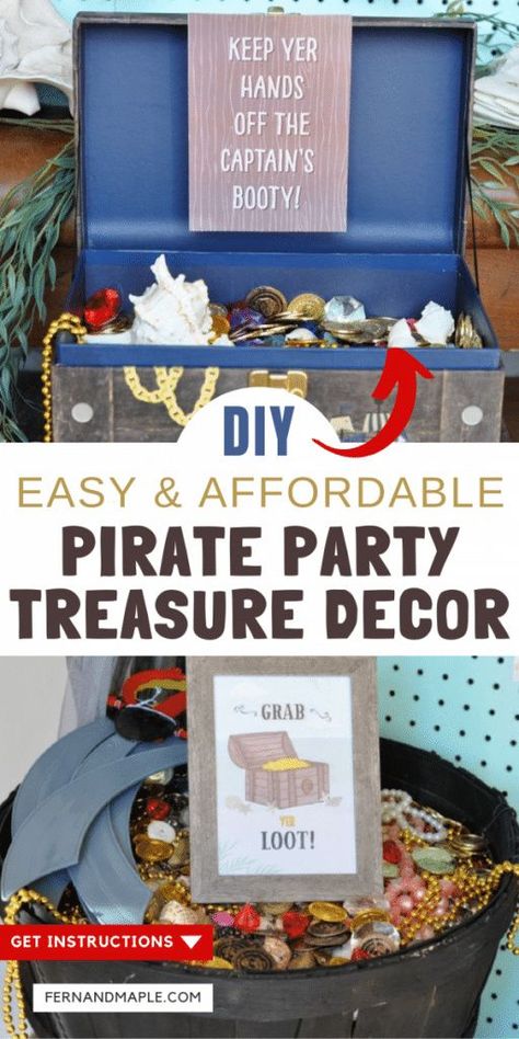 This quick and affordable DIY Pirate Party treasure decor gives the illusion that they are full with coins, gems and jewelry! Get the step-by-step instructions now at fernandmaple.com! Diy Pirate Party, Diy Pirate, Treasure Beach, Shark Themed Birthday Party, Beach Birthday Party, Kids Themed Birthday Parties, Shark Birthday Party, Ocean Party, Sea Birthday Party