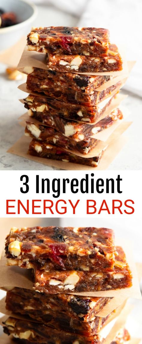 3 Ingredient Energy Bars. These homemade energy bars are easy to make, customize and make a good snack. Homemade Energy Bars, Energy Bars Homemade, Energy Breakfast, Energy Bars Recipe, Healthy Protein Snacks, Healthy Bars, Energy Foods, Breakfast Bars, Bars Recipe