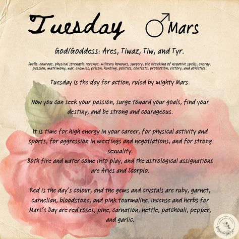 Tuesday Correspondences - Tuesday is the day for action, ruled by mighty Mars. #mars #tuesday #tyr #pagan #daysoftheweek #witchcraft #spells #magick #witch Digital Grimoire, Spiritual Vibes, Witchcraft Spells, Military Honor, Witch Spirituality, Magic Spell Book, Grimoire Book, Be Strong And Courageous, Bramble