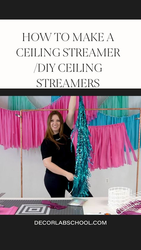 Ceiling Balloon Decor, Balloon Ceiling Decor, Streamer Diy, Diy Fringe Backdrop, Ceiling Decor Ideas, Party Ceiling Decorations, Ceiling Streamers, Tablecloth Backdrop, Ceiling Balloons