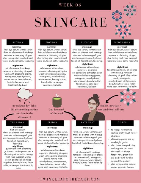 My Skincare Schedule - Week 6 Beauty Schedule Weekly, Body Care Schedule, Weekly Skincare Schedule, Skincare Timetable, Self Care Schedule Weekly, Weekly Skin Care Routine Schedule, Skincare Schedule, Weekly Skin Care Routine, Beauty Planner