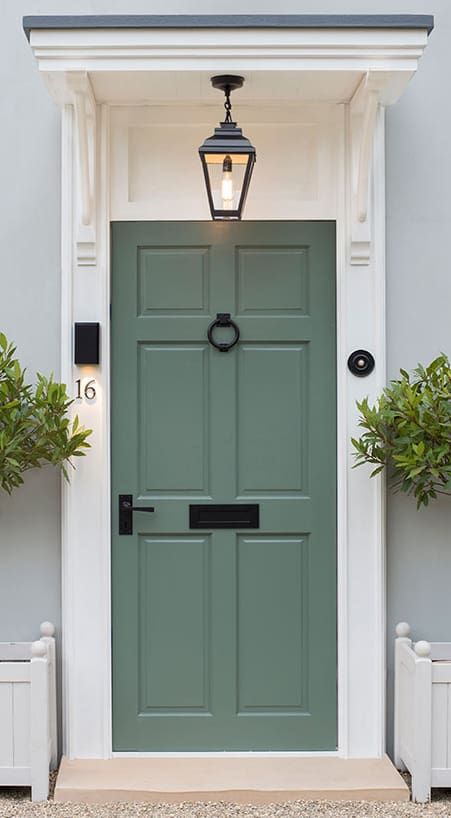 House Fronts Ideas, Black Front Door Furniture, Front Door Lighting Uk, Black And White House Green Door, Green Black And White House Exterior, Black Front Door Letterbox, Jade Green Front Door, Black Door Furniture, Front Door Color Cream House