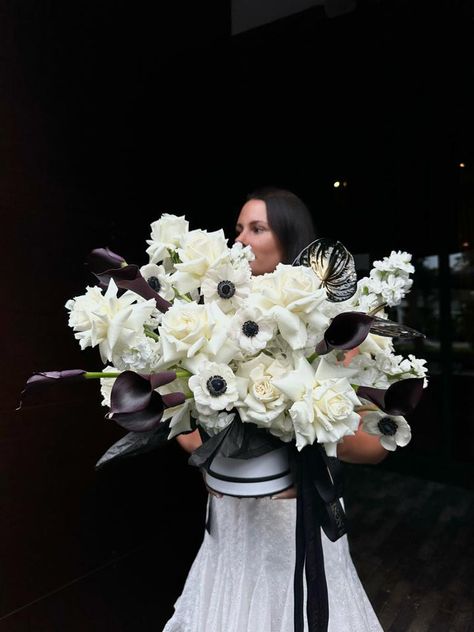 Buy Belle Chance - white hydrangea, calla lilies, anemones, white roses, stock flowers for only $266.24 at Maison la Fleur! Extravagant Bridal Bouquet, White Anemone Wedding Centerpiece, Classy Moody Wedding, Unusual Wedding Bouquets Creative Unique, Art Deco Flower Arrangements, Unique Wedding Florals, All White Flower Arrangements, Modern Bouquet Wedding, Calla Lily Wedding Decorations