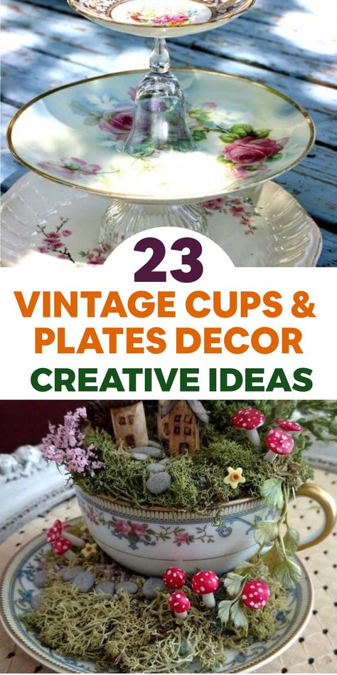 Enhance your home decor with a dash of old-school allure through creative DIY projects featuring vintage cups and plates! Upcycle assorted teacups into charming candle holders by placing tea lights inside. Use vintage saucers to showcase them elegantly or scatter the candles for a warm, inviting atmosphere. Embrace nostalgia and infuse your living space with a timeless, whimsical vibe. Let your home exude an enchanting ambiance that captivates both you and your guests. Tea Cup Repurpose, Diy Teacup Crafts Ideas, Tea Cup Crafts Ideas Diy Projects, Tea Cup Christmas Crafts, Tea Set Display Ideas, Old Plates Repurpose, Old Tea Cups Ideas, Tea Cup Diy, Tea Cup Projects