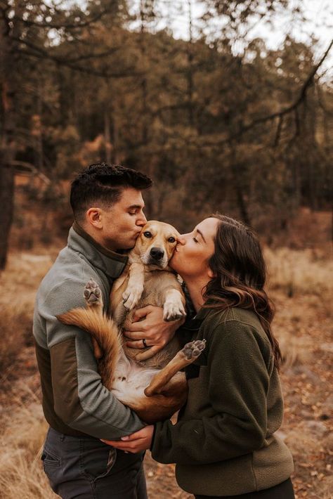 This couple decided to share their vows in a casual intimate ceremony on Mount Lemmon and it was so special! I love being a part of these sweet little moments just as much as big traditional weddings. There are really just so many wonderful ways to celebrate love! View more photos on the blog. Holiday Photos Couple And Dog, Professional Couple Photoshoot With Dog, Husband Wife Dog Photos, Couples Picture With Dog, Autumn Couple Photoshoot With Dog, Dogs And Couple Photoshoot, Couple Photos With Dogs Christmas, Christmas Photo Poses Couples, Couple Pictures With Dogs Fall