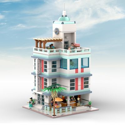 Lego Hotel Ideas, Lego Beach House, Lego Bed, Lego Beach, Lego Hotel, Lego House Ideas, Lego Village, Lobby Ideas, Modern Miami