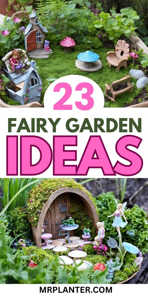 Fairy garden ideas incorporating rocks, succulents, and miniature accessories Herb Fairy Garden, Backyard Fairy Garden, Fairy Herb Garden, Enchanting Backyard, Magical Fairy Garden, Faerie Garden, Fairy Garden Containers, Fairy Garden Pots, Indoor Fairy Gardens