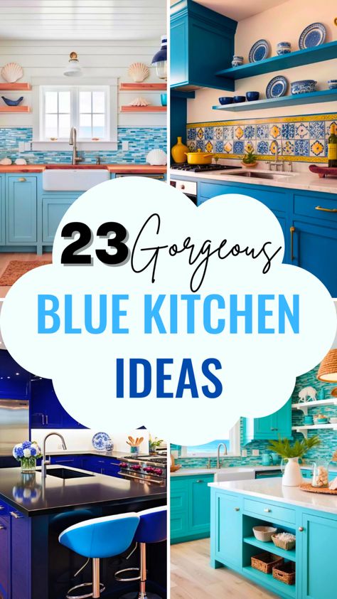 23 Inspiring Blue Kitchen Ideas for a Fresh and Stylish Space - Style Zuri Denim Blue Kitchen Walls, Navy And Turquoise Kitchen, Blue Accents Kitchen, Greek Interior Design Kitchen, Blue Bar Stools Kitchen Island, Small Blue Kitchen Ideas, Blue And Grey Kitchen Ideas, Blue Kitchen Aesthetic, Powder Blue Kitchen