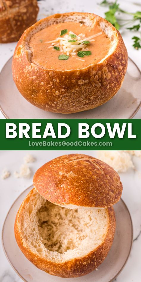 bread bowl pin collage How To Make A Bread Bowl, Panera Bread Bowl Recipe, French Bread Bowl Recipe, Bread Bowl Ideas, Panera Bread Bowl, Bread Bowl Soup, Soup Bread, Homemade Bread Bowls, Bread Bowl Recipe