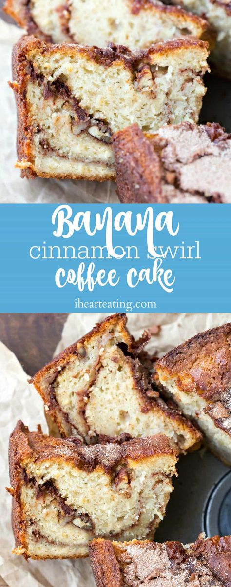 Banana Cinnamon Swirl Coffee Cake: Can you ever have too many recipes that use ripe bananas? Since we regularly end up with extra bananas, I like finding ways to use them that go beyond our regular banana bread. This Banana Cinnamon Swirl Coffee Cake is moist and tender. It has a cinnamon swirl throughout the cake and is topped with a generous sprinkle of cinnamon and sugar. So, if you're looking for a delicious new way to use up your bananas, give this cake a try! Banana Cinnamon Swirl Coffee Extra Bananas, Use Ripe Bananas, Cinnamon Swirl Coffee Cake, Ripe Banana Recipe, Banana Coffee Cakes, Cake Banana, Banana Coffee, Swirl Cake, Ripe Bananas