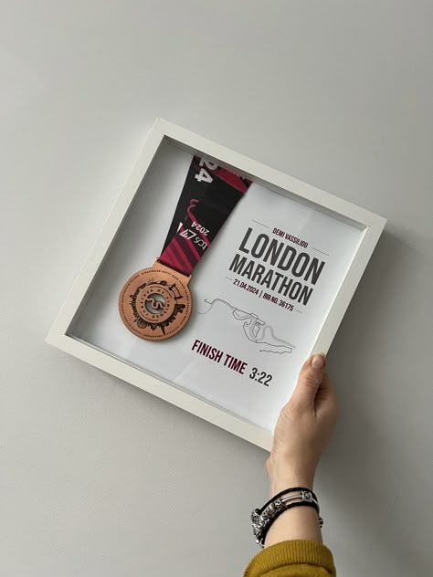 Marathon, half marathon, 10k race, London / Brighton / Manchester medal frame - personalised print - finish time & route. Runner's Birthday 
Has someone you know completed a Marathon, half marathon or 10k run? This could be the perfect gift to congratulate them for their amazing achievement! Or have you competed one and want to proudly display your medal and time? (Too right after all of that training and hard work!) The print will include the event name, date, finish time, bib number & runners name, as well as a map of the route. If you are interested in ordering one, see how it works below… How it works... 1. Select the size 2. Add the event name, date, finish time, bib number & runners name 3. Complete the order 4. I will then be in touch and create your special keepsake :) 5. Then, I w Marathon Bib And Medal Display, Runner Bib Display, Display Running Bibs And Medals, Run Medal Display, Marathon Bib Display Ideas, Marathon Shadow Box Ideas, Running Medal Display Ideas, Running Bib Display, Running Decorations