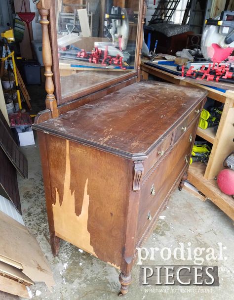 Antique Dresser with Damaged Veneer | prodigalpieces.com Antique Dresser Upcycle, Repainted Antique Dresser, Repurposed Dresser With Mirror, Upcycled Antique Dresser, Diy Antique Dresser, Refinish Veneer Dresser, Refinished Antique Dresser With Mirror, Modernized Antique Dresser, Dresser Color Ideas Bedroom