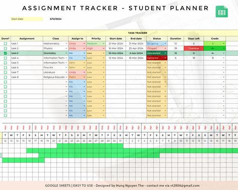 Excel School Planner, College Assignment Tracker Excel, School Spreadsheet, School To Do List Printable, Assignment Organization, College Spreadsheet, Assignment Tracker, Homework Tracker, Assignment Sheet