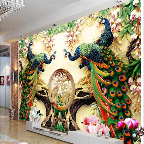 Peacock Living Room, China Wallpaper, Large Wall Paintings, Wallpaper Walls Bedroom, Peacock Wallpaper, 3d Wall Painting, 3d Wallpaper For Walls, Cheap Wallpaper, Modern Mural