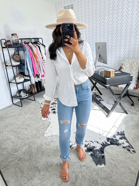 white button down shirt outfit | white button down shirt outfit casual | casual spring outfits | how to style a button up shirt women | how to style a white button up | how to style a white button down | how to style a white button up casual | errands outfit spring | ripped jeans and button up outfit | strappy gladiator sandals and jeans outfit | casual brunch outfit White Loose Button Up Outfit, Woman’s White Button Down, Styled White Button Down, White Tied Shirt Outfit, Brunch Outfit With Sandals, White Button Down Shirt Outfit Mom Jeans, Black Jeans And Button Up Shirt Women, Lose Button Up Shirt Outfit, White Button Up Jeans And Heels