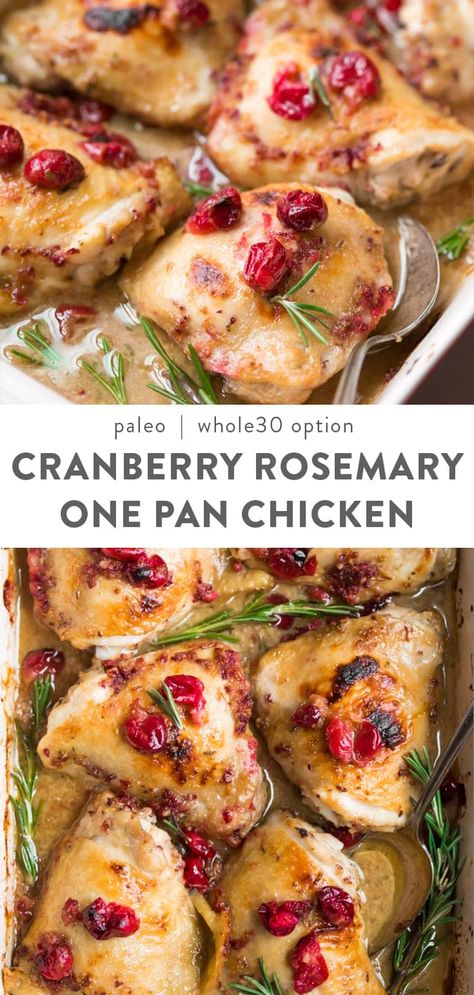 These cranberry rosemary one pan chicken thighs is an easy, healthy dinner perfect for your winter weeknight dinner rotation. Paleo, healthy, with a Whole30 option, and low carb friendly. Full of flavor, and super quick! You'll fall in love with how the tart cranberries marry the heady rosemary, with that white wine sauce, all baked in the oven to perfection. Whole30 option and low carb friendly. #paleo #cranberry One Pan Chicken Thighs, Pan Chicken Recipes, 200 Calorie, Dinner Rotation, One Pan Chicken, White Wine Sauce, Easy Healthy Dinner, Pan Chicken, Paleo Chicken