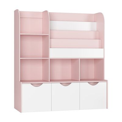 Toys Rack Storage Ideas, Girls Toy Storage, Girl Toy Storage, Pink Shelves, Kids Bedroom Organization, Storage Unit Organization, Bookcase White, Large Bookshelves, Bedroom Toys