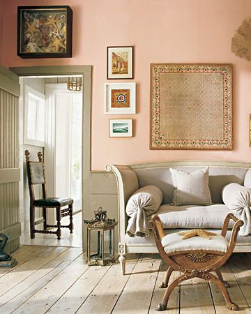 the mix of details in this antique sitting room is balanced well.  Gustavian, Edwardian, primitive, and modern live together with neutrals and pink.  and, just look at those starfish! Murs Roses, Romantic Interior, Peach Walls, Design Seeds, Interior Paint Colors, Design Del Prodotto, Bedroom Paint, Pink Room, Colonial House