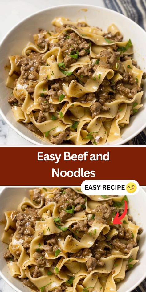 Try this easy and delicious Beef and Noodles recipe, perfect for a quick weeknight dinner. Made with lean ground beef, egg noodles, and a savory gravy, this budget-friendly dish is sure to please the whole family. Ideal for busy nights, this comforting meal is ready in under 30 minutes. Quick Beef And Noodles, Ground Beef And Gravy Over Noodles, 30 Min Beef And Noodles, Burger And Noodles Ground Beef, Comfort Ground Beef Recipes, Ground Meat Noodle Recipes, Noodles Dinner Recipes, Stew Beef And Egg Noodle Recipes, Cheesy Beef Noodles