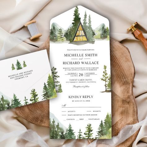 $4 | A-Frame Cabin Lodge Rustic Mountain Forest Wedding - trifold tri fold, rustic watercolor pine trees wedding, outdoor winter lake destination camping, adventure wilderness lakeside, evergreen wedding, country chic woodland nature woods, rural village scenic landscape woodsy, modern elegant lush greenery, misty foggy, tri fold Cabin Mountain, Evergreen Wedding, Winter Lodge, Couples Retreat, Forest Theme Wedding, Rustic Log Cabin, Cabin Wedding, Hotel Reception, Winter Wedding Invitations