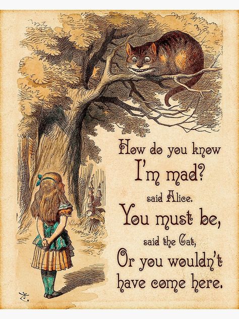 "Alice in Wonderland Quote - How Do You Know I'm Mad - Cheshire Cat Quote - 0246" Art Print by ContrastStudios | Redbubble Alice Cheshire Cat, Quotes From Childrens Books, Cheshire Cat Quotes, Wonderland Crafts, Alice Quotes, Alice In Wonderland Quote, Wonderland Characters, Alice In Wonderland Artwork, Alice In Wonderland Illustrations