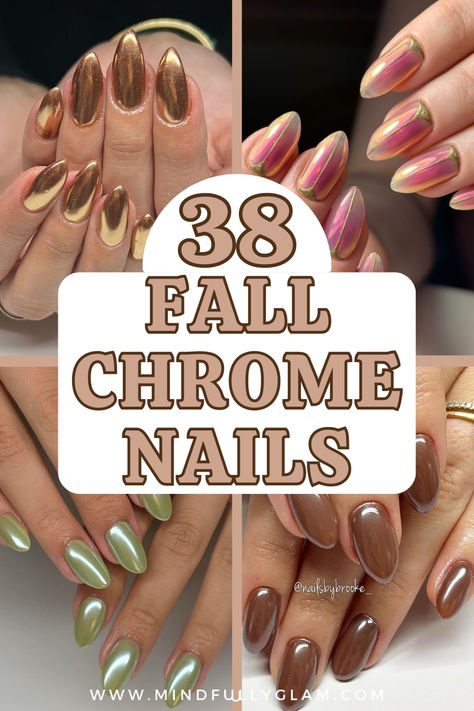 fall chrome nails November Nails Ideas Chrome, Fall Chrome Nails Almond, Chrome Nails For Fall 2024, Fall Nails Chrome Brown, Olive Nails Chrome, Burnt Orange Nails With Chrome, Fall Pearl Nails, Olive Nails With Chrome, Classy Almond Nails Ideas Fall