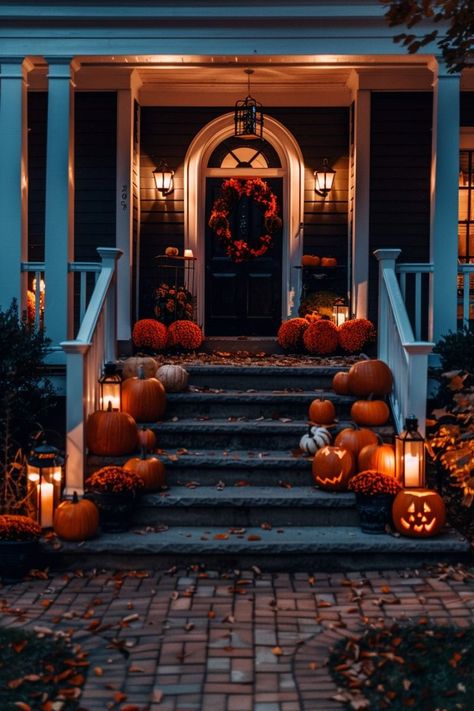 Autumn Stoop Decor, Fall Front Stoop, Front Porch Halloween Ideas, Halloween Porch Ideas, Stoop Decor, Haloween Decor, October Decorations, Halloween Decorations To Make, Outdoor Halloween Decorations