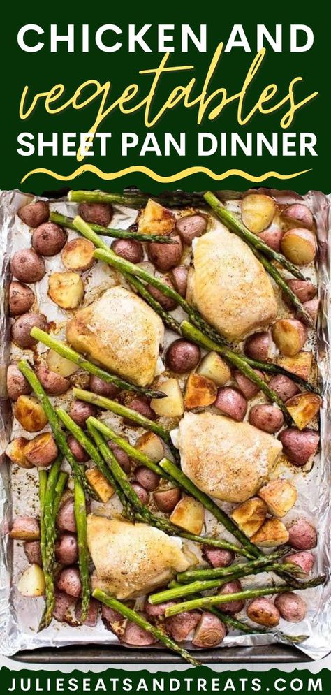 Chicken And Vegetable Sheet Pan Dinner, healthy dinner recipes, quick and easy 30 minute meals Chicken Potato Asparagus Sheet Pan, Chicken Thighs Potatoes, Vegetable Sheet Pan, Meal With Chicken, Dinner Quick And Easy, Potatoes And Asparagus, Dinner Quick, 30 Minute Meals Easy, Simple Chicken