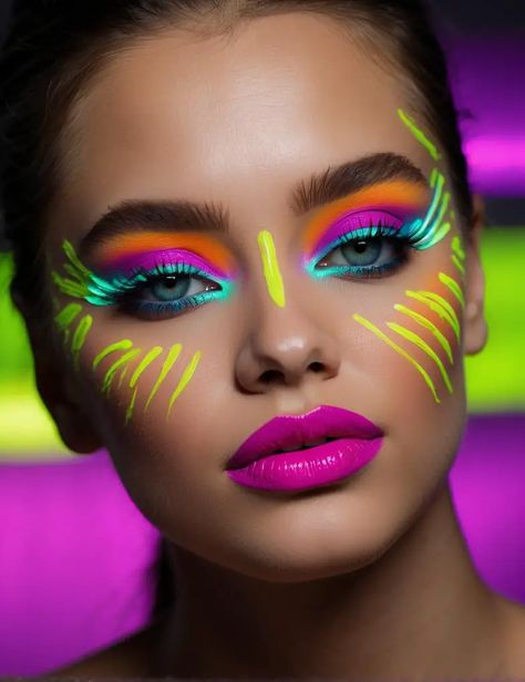 Neon Glow Makeup Ideas, Out Of The Box Makeup Looks, Glow In Dark Makeup, Lisa Frank Inspired Makeup, Glow In Dark Makeup Ideas, Bird Halloween Makeup, Colorful Festival Makeup, Geometric Makeup Looks, Face Paint Ideas Adults