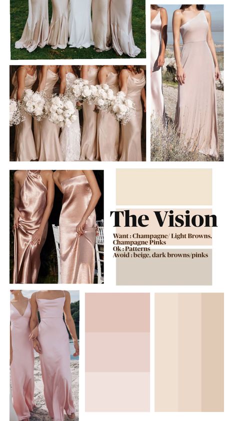 Champagne And Taupe Wedding Colors, Neutral Bridesmaid Color Palette, Champagne Taupe Wedding Color Schemes, Timeless Bridal Party Colors, Neutral Wedding Colors With Pop Of Color, Blush And Champagne Wedding Colors, Beach Wedding Color Schemes, Romantic Wedding Color Palette, Champagne Color Palette Wedding