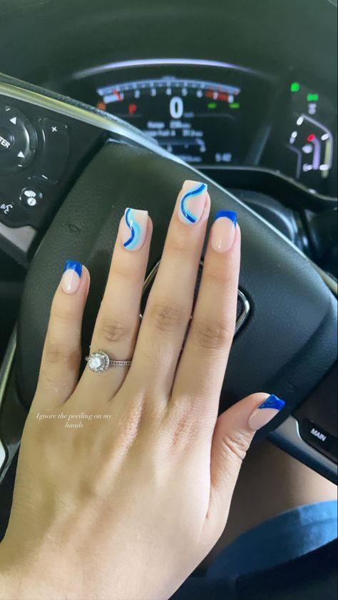 Nails For Flight Attendants, Sport Acrylic Nails, Simple Short Nail Designs Summer Blue, Short Acyrilics Nails Designs Square, Nails For Alaska Vacation, Short Acrylic Nails For Sports, School Dance Nail Ideas, Short Acrylic Nails Blue Design, Short Acrylic Nails Square Vacation