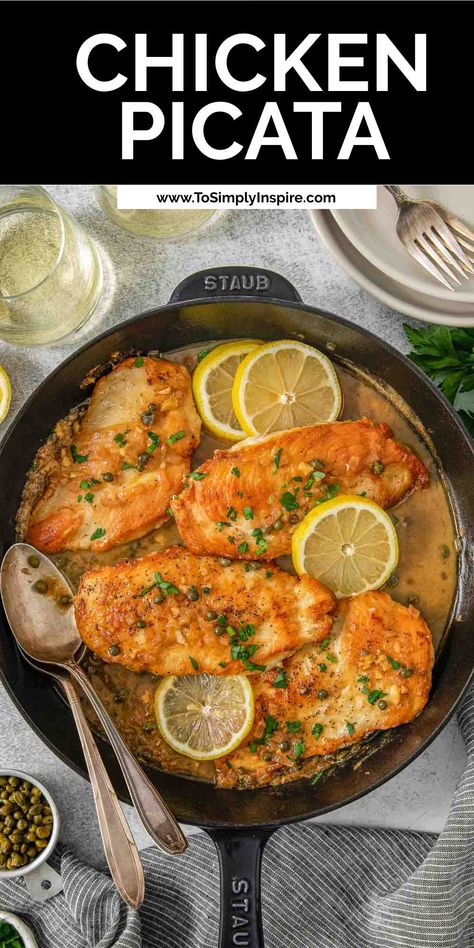 A golden brown flour-coating locks in the juices in this easy chicken piccata recipe. The white wine and buttery lemon-caper sauce come together so beautifully. Believe it or not, this fancy dish is easy enough for new cooks and busy families! Best Chicken Piccata, Easy Chicken Piccata Recipe, Chicken Piccata Easy, Chicken Dippers, To Simply Inspire, White Wine Recipes, Kid Friendly Meals Dinner, Piccata Recipe, Chicken Piccata Recipe