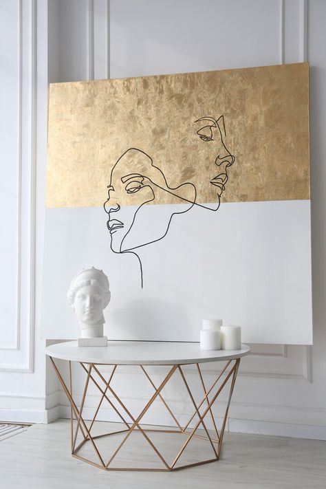 Large Art Line Art White Paintings On Canvas Gold Painting Abstract Face Painting Art - Lavky.com How To Paint Flowers, Nature Canvas Painting, Abstract Painting Acrylic Modern, Painting On Canvas For Beginners, White Paintings, Canvas Painting For Beginners, Easy Flower Painting, Paint Flowers, Canvas For Beginners