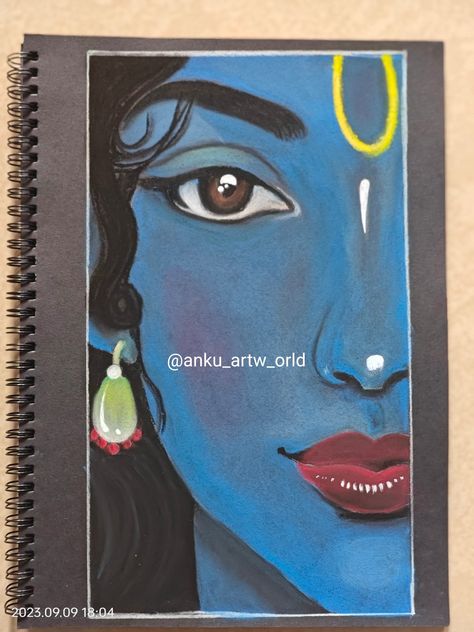 Krishna Ji Easy Painting, The End Design For Project, Krishna Half Face Painting, Radha Krishna Aesthetic Sketch, Krishna God Drawing, Krishna Painting Easy Pencil Colour, Easy Painting Of Krishna, Krishna Ji Oil Pastel Drawing, Canvas Painting Ideas Of God