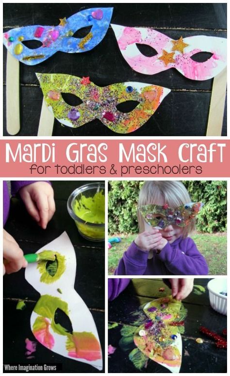 Mardi Gras mask craft for toddlers & preschoolers! A fun craft that uses glitter and gems to make colorful masks! Louisiana Crafts For Kids, Mardi Gras Mask Craft, Purim Preschool, Purim Crafts, Mardi Gras Activities, Mardi Gras Kid, Mask Craft, Masks Kids, Mardi Gras Masks