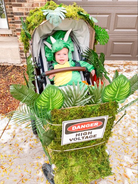 Dinosaur Stroller Costume, Dinosaur Themed Family Costumes, Baby Dinosaur Halloween Costume, Infant Dinosaur Costume, Family Halloween Costumes Stroller, Family Costume Ideas With Newborn, Family Costume Newborn, Infant Costume For Boys, Jurassic Park Stroller Costume