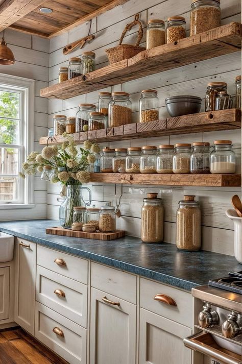 Open Shelf Farmhouse Kitchen, Country Boho Kitchen Ideas, Kitchen Shelving Instead Of Cabinets, Open Shelving With Wallpaper, Farmhouse Kitchen Shelves Wood, Open Shelving Pantry Kitchen Ideas, Upper Open Shelves In Kitchen, Farmhouse Kitchen With Shelves, Open Shelving For Kitchen