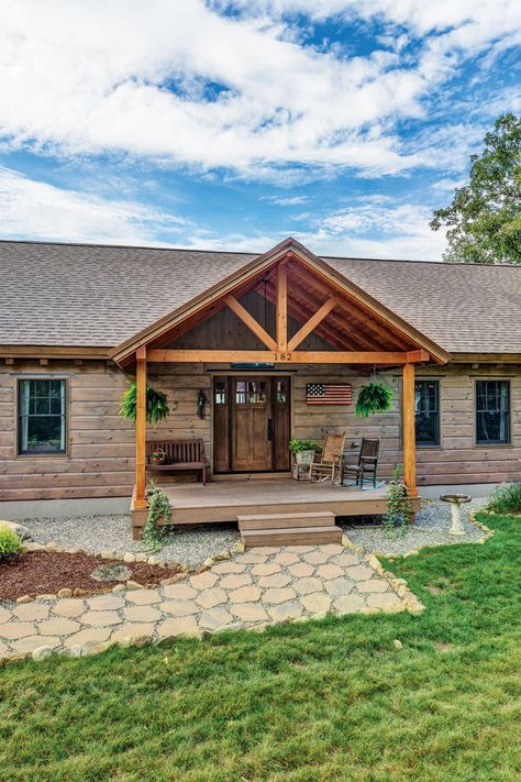 Building A Log Cabin, Manufactured Home Porch, Front Porch Remodel, Log And Timber Homes, Ranch House Exterior, Timber Homes, House Front Porch, Porch Remodel, Porch Addition