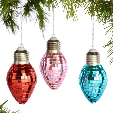 Disco Retro Bulb Ornaments Set of 3 by World Market Mid Mod Christmas Decor, Disco Christmas Party Theme, 60s Christmas Decorations, Disco Christmas Decorations, Music Christmas Tree, Weird Ornaments, Disco Christmas, Retro Christmas Decor, Bulb Ornaments