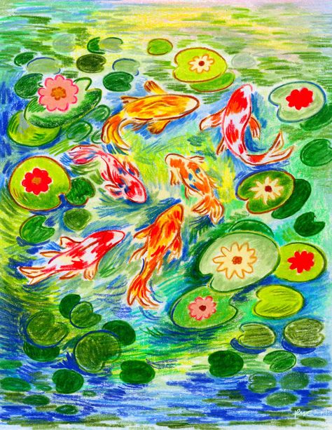 Doodles With Colored Pencils, Koi Fish Colored Pencil, Art Sketchbook Colored Pencil, Yumi In Color, Pen Drawing Color, Color Pencil Easy Drawing, Oil Pastel And Colored Pencil, Art Ideas Colored Pencils, How To Color Water With Colored Pencils