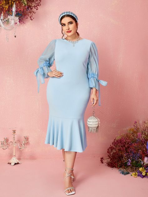 Baby Blue Glamorous  Three Quarter Length Sleeve Polyester Plain Bodycon Embellished Slight Stretch Spring Plus Size Dresses Summer Dresses Formal, Plus Size Summer Dresses, Sky Blue Color, Plus Size Summer, Flounce Sleeve, Curve Dresses, Dresses Formal, Hem Dress, Dress P