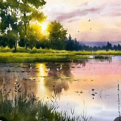 Deepak kumar Sharma Watercolor Lake Landscapes, Easy Composition Painting, Scenery Watercolor Paintings, Watercolor Scenery Painting, Watercolor Lesson, Seascape Watercolor, Watercolor Scenery, Learn Watercolor Painting, Mediums Of Art